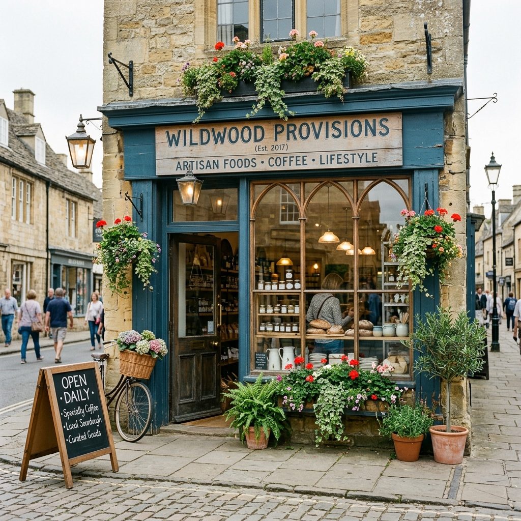 Family-run shop front with flowers and a bicycle outside
